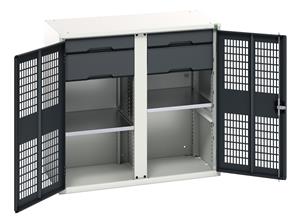 verso ventilated door kitted cupboard with 2 shelves, 4 drawers & partition. WxDxH: 1050x550x1000mm. RAL 7035/5010 or selected Bott Verso Ventilated door Tool Cupboards Cupboard with shelves